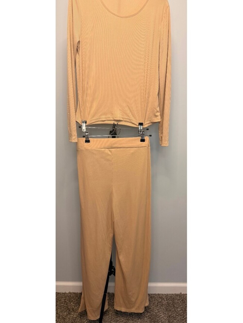 Beige Ribbed Long Sleeve Top and Wide Leg Pants Set
